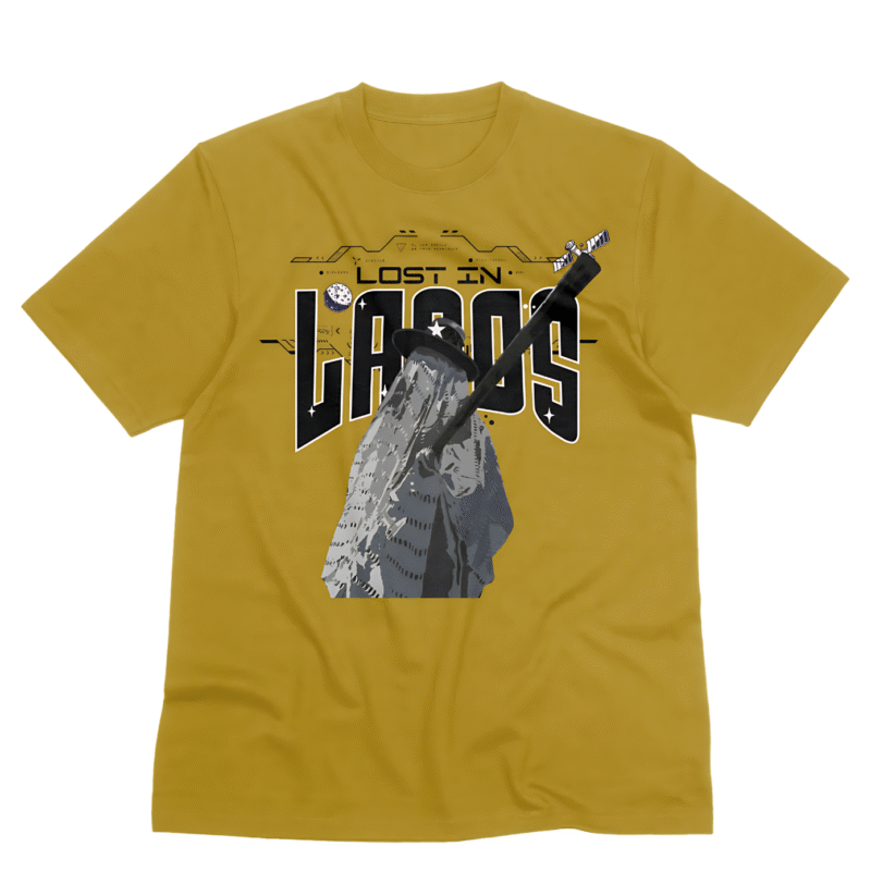 A yellow meclot Lost in Lagos tee with the famous eyo adimu.