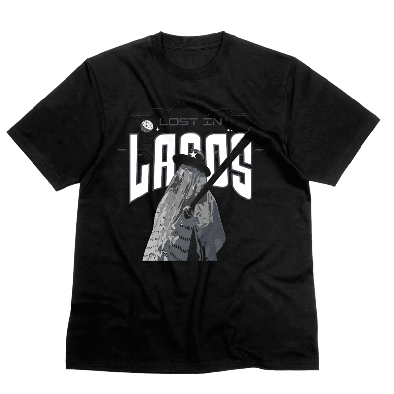 A Black meclot Lost in Lagos tee with the famous eyo adimu.