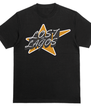 "Lost in Lagos graphic t-shirt with star background, printed on heavyweight cotton for urban streetwear style.