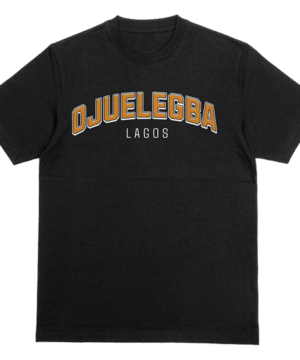 Unisex Ojuelegba statement tee in black, featuring bold street-style lettering inspired by Lagos urban culture.