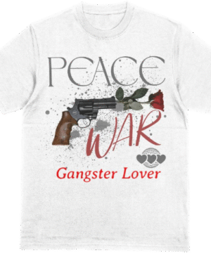 Peace and War streetwear tee with a graphic of a gun firing a rose, printed on heavyweight unisex cotton.