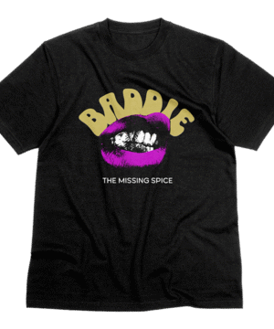 Baddie streetwear t-shirt with sensual lips and teeth graphic, bold feminine design on heavyweight cotton fabric.