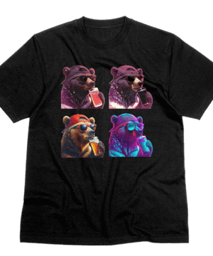 Streetwear t-shirt with four-panel bear sipping graphics printed on heavyweight cotton, unisex fit.