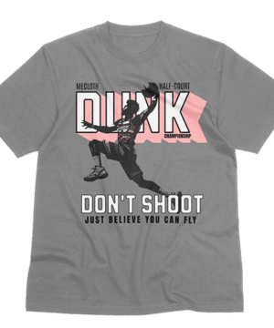 Streetwear t-shirt with basketball player dunking and bold DUNK text, printed on heavyweight unisex cotton.
