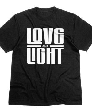 Minimalist streetwear t-shirt with Love & Light text in bold font, printed on heavyweight unisex cotton.