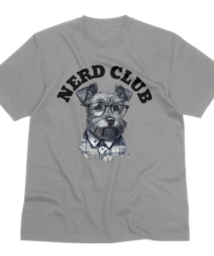 Graphic t-shirt with a dog wearing glasses and Nerd Club text, printed on cotton streetwear tee